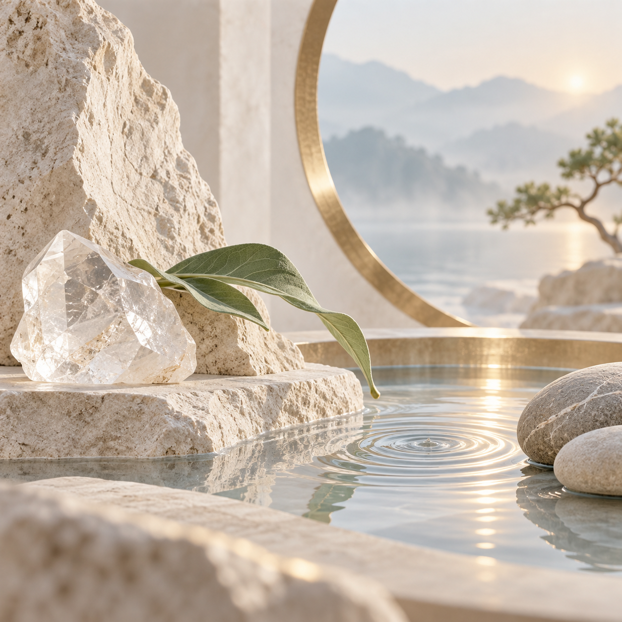 Natural quartz, olive leaves and still water in soft daylight