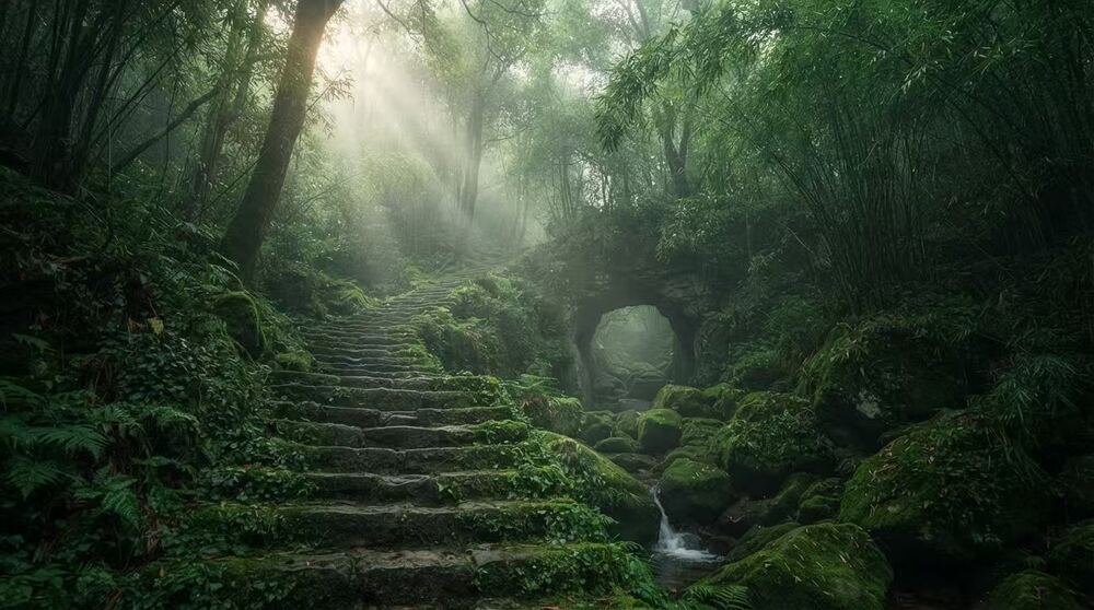 Ancient stone steps winding through a misty bamboo forest on Mount Qingcheng
