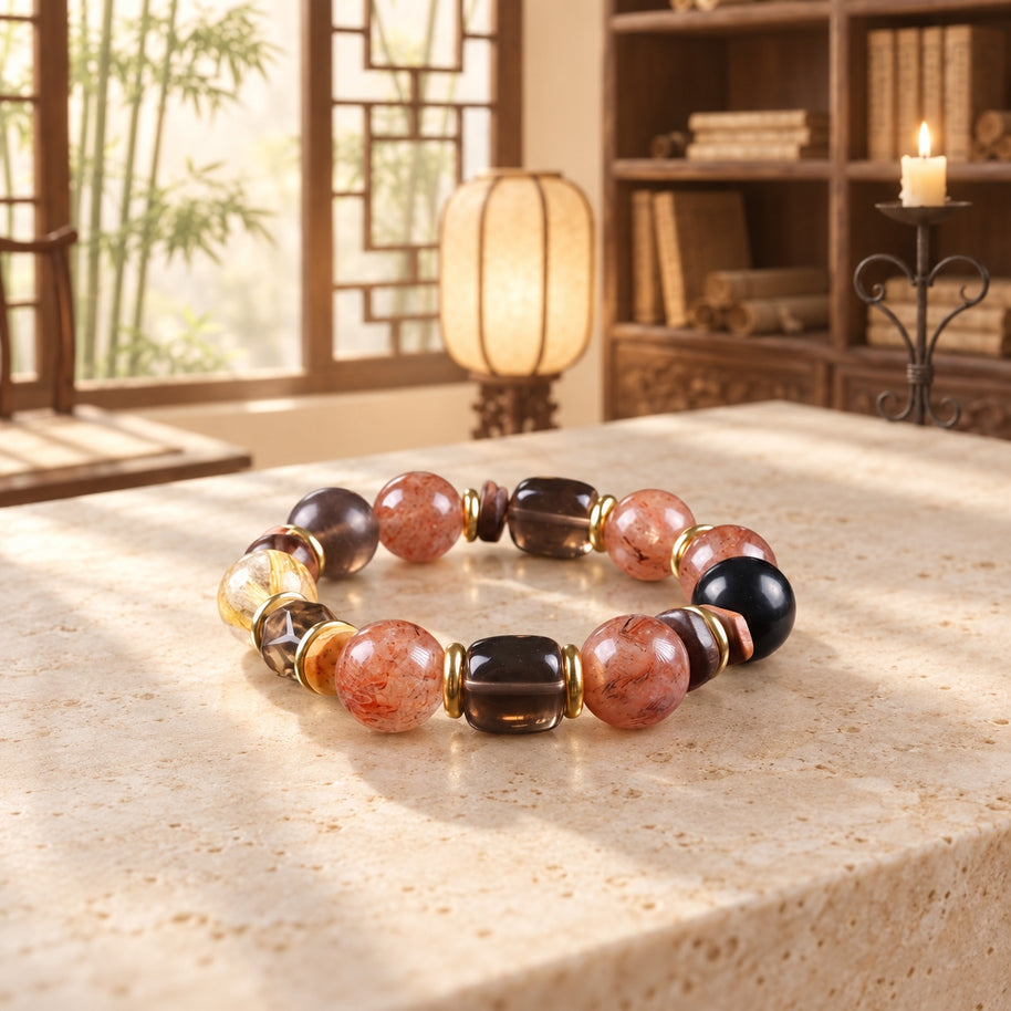 Cord-Cutting Cleansing Embers in the Dark Multicolor Black Gold Super Seven Grey Moonstone Handmade Bracelet·Earth｜Nourishment