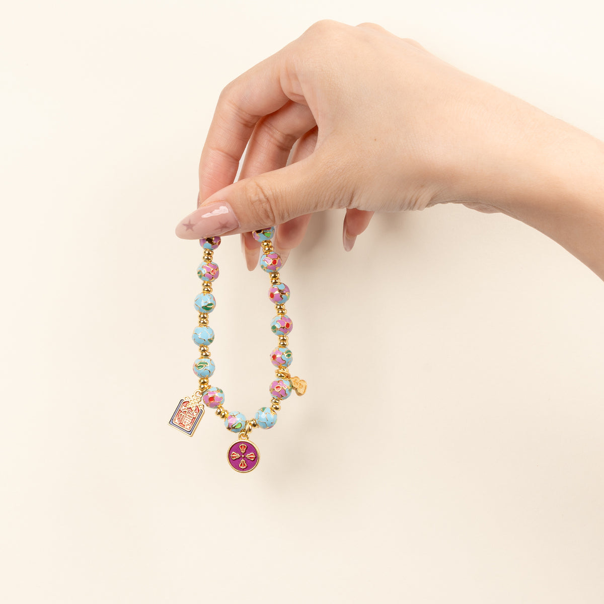 Luck Gathered Blessings（聚福）Multicolor Cloisonné Handmade Charm Bracelet — wearing view 2