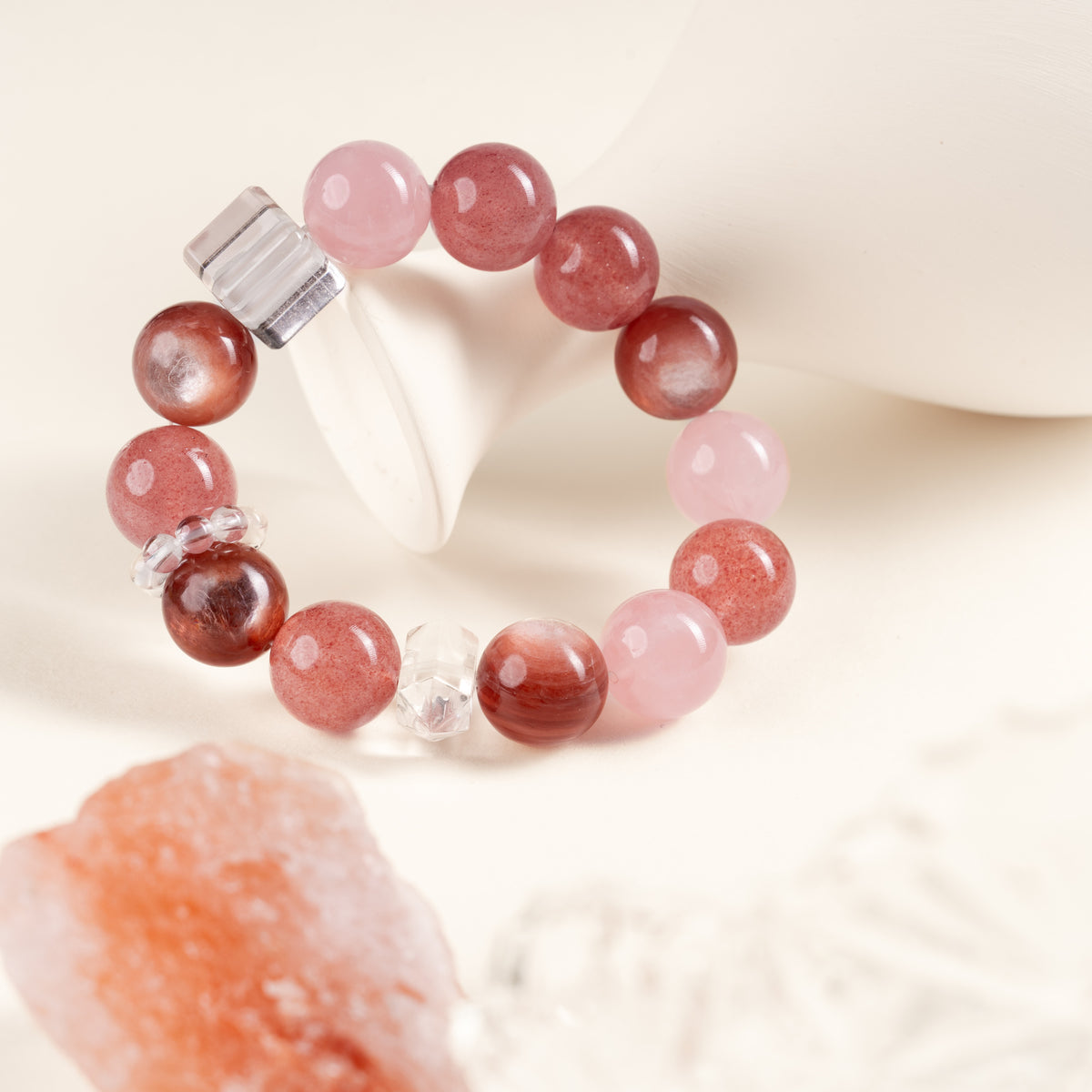 Love Self-Love Blush Romance Two-Tone Rose Quartz Strawberry Quartz Handmade Bracelet·Fire｜Passion — atmosphere image 1