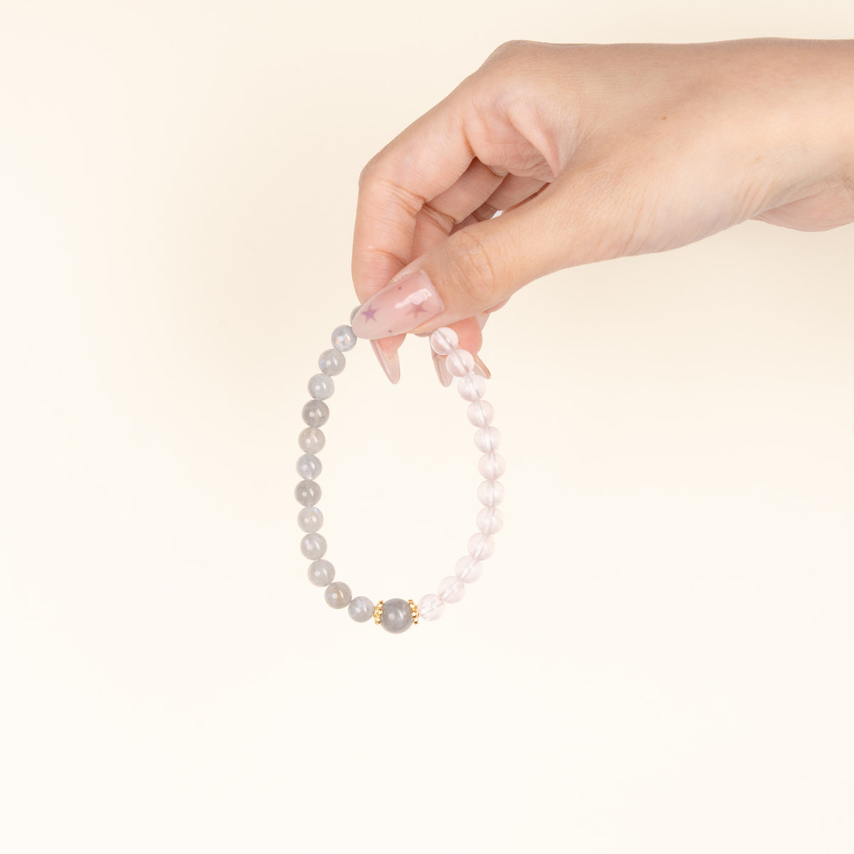 Love Self-Love Embrace of Dusk Rose Quartz Grey Moonstone Handmade Bracelet·Fire｜Passion — on-hand image 1