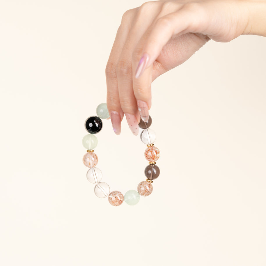 Wisdom Calm A Moment of Budding Green Fluorite Smoky Quartz Handmade Bracelet·Wood｜Growth — on-hand image 1