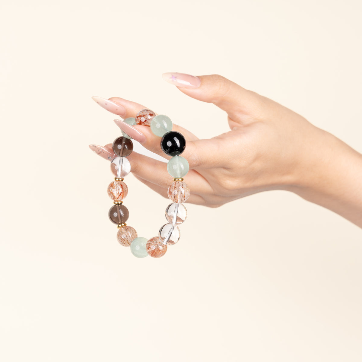 Wisdom Calm A Moment of Budding Green Fluorite Smoky Quartz Handmade Bracelet·Wood｜Growth — on-hand image 2