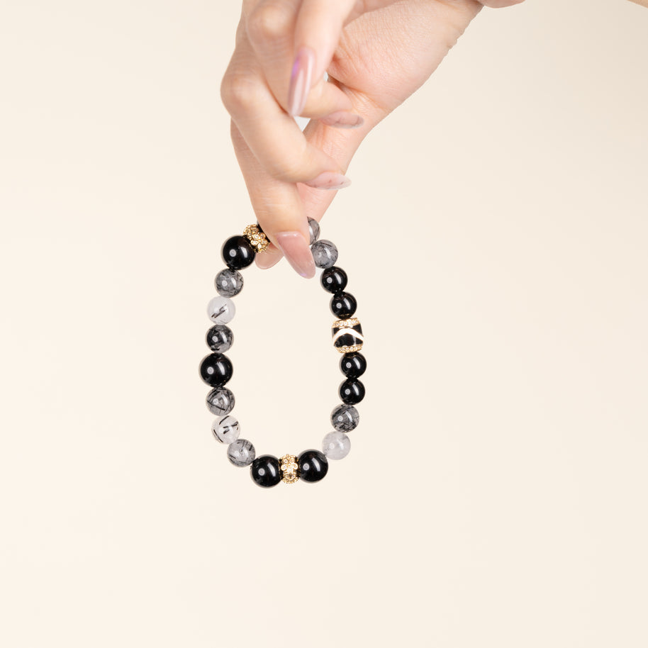 Protection Grounding Listening to the Tide Obsidian Black Rutilated Quartz Handmade Bracelet·Water｜Intuition — on-hand image 2