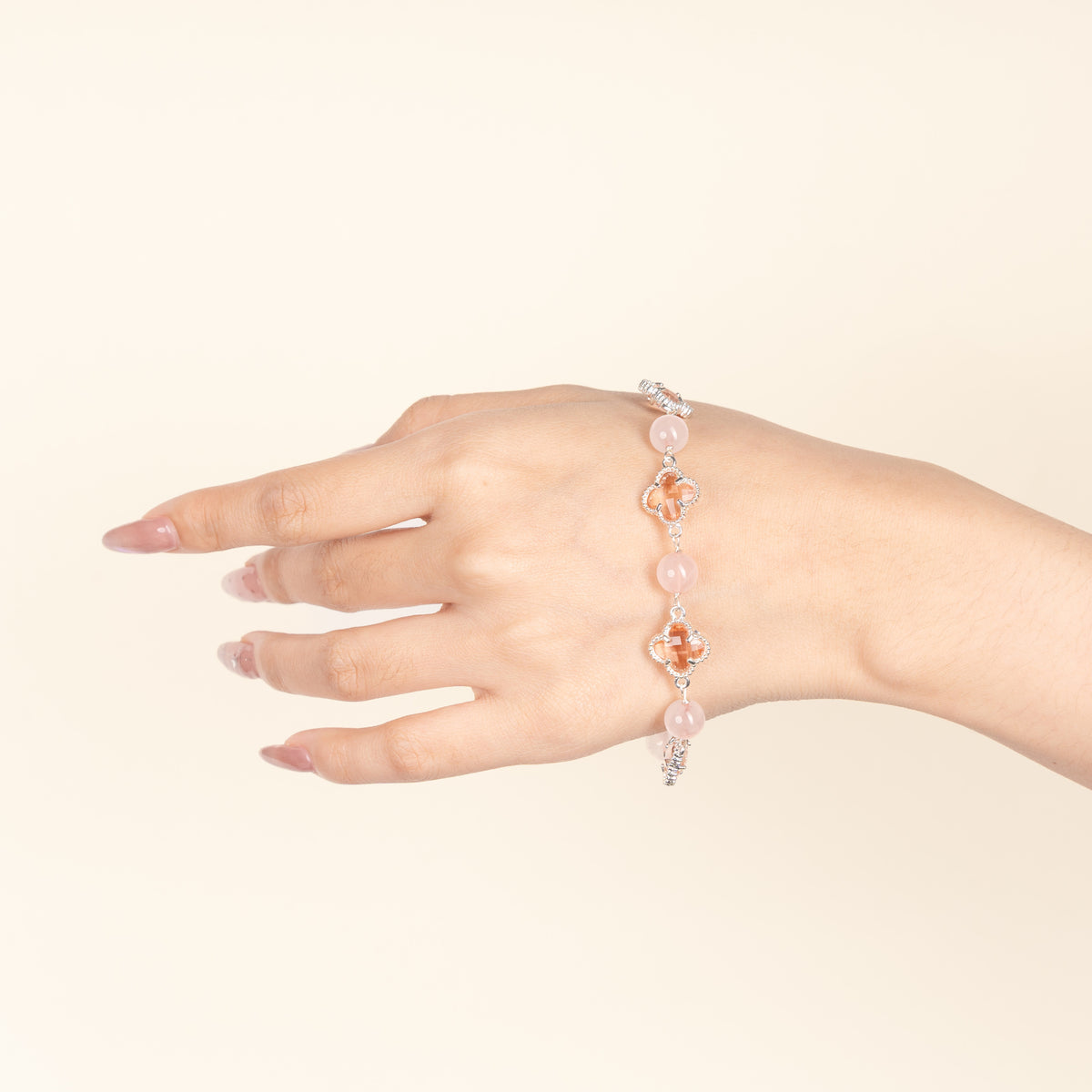 Love Self-Love Blush of Feeling Rose Quartz Handmade Clover Charm Bracelet·Fire｜Passion — on-hand image 2