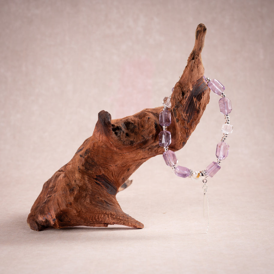 Lilac Whisper — Calm Intuition Two-Tone Amethyst Clear Quartz Handmade Bracelet · Fire｜Passion — atmosphere image 2