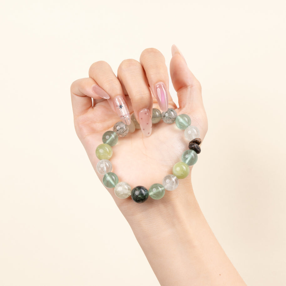 Abundance Calm Glimmer Through Leaves Green Quartz Green Fluorite Handmade Bracelet·Wood｜Growth — on-hand image 1