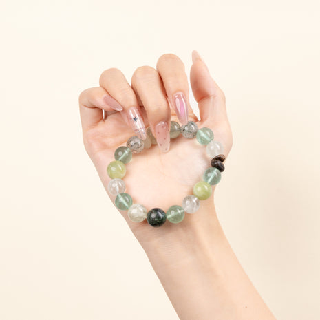 Abundance Calm Glimmer Through Leaves Green Quartz Green Fluorite Handmade Bracelet·Wood｜Growth — on-hand image 1