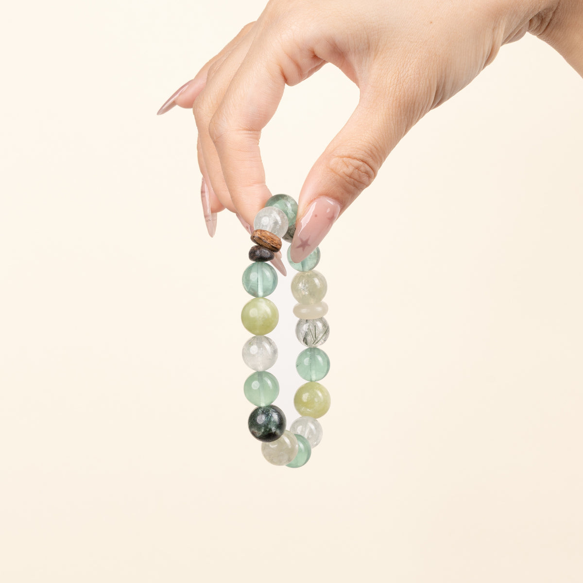 Abundance Calm Glimmer Through Leaves Green Quartz Green Fluorite Handmade Bracelet·Wood｜Growth — on-hand image 2