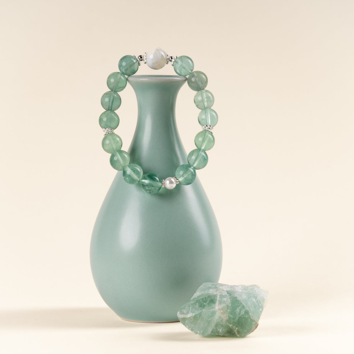 Cleansing Intuition Clear Light Dream White Phantom Quartz Green Fluorite Handmade Bracelet·Metal｜Clarity — atmosphere image 1