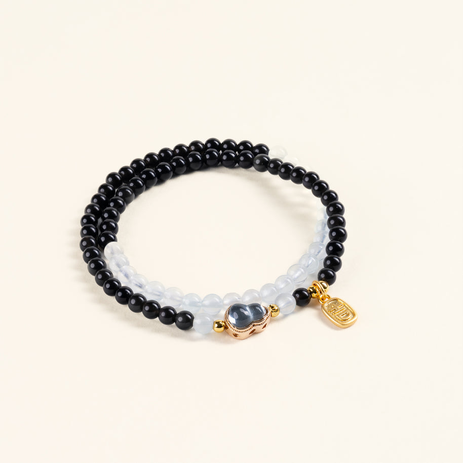 Protection Grounding Deep Blue Awake Obsidian Aquamarine Handmade 2-Wrap Bracelet·Water｜Intuition — main
