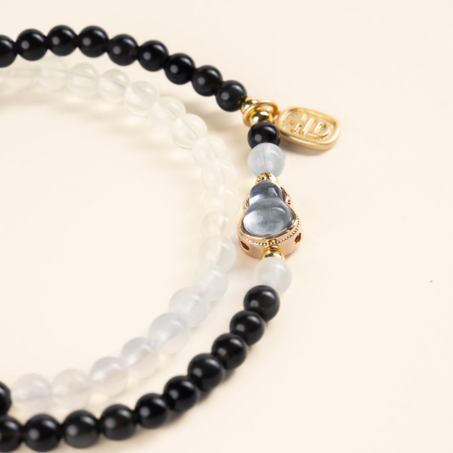 Protection Grounding Deep Blue Awake Obsidian Aquamarine Handmade 2-Wrap Bracelet·Water｜Intuition — detail image 1