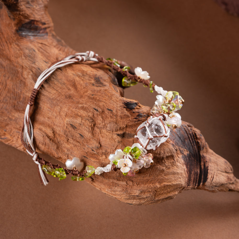 Daisy Chain — bracelet styled on natural wood