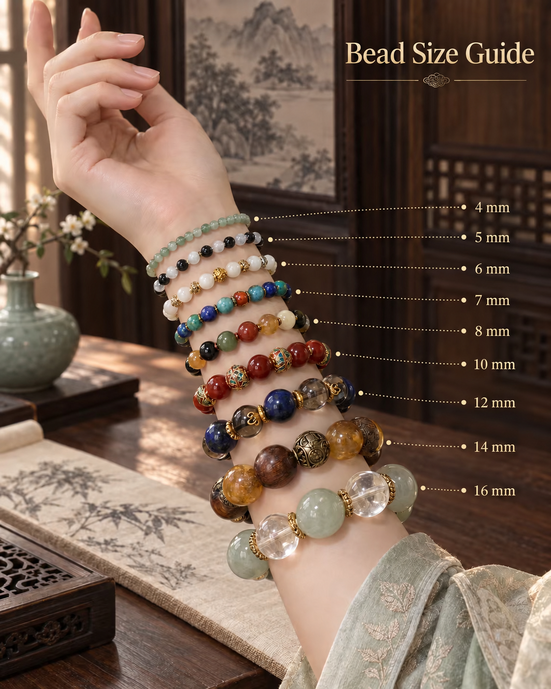 Visual comparison of small, medium and large gemstone bead diameters