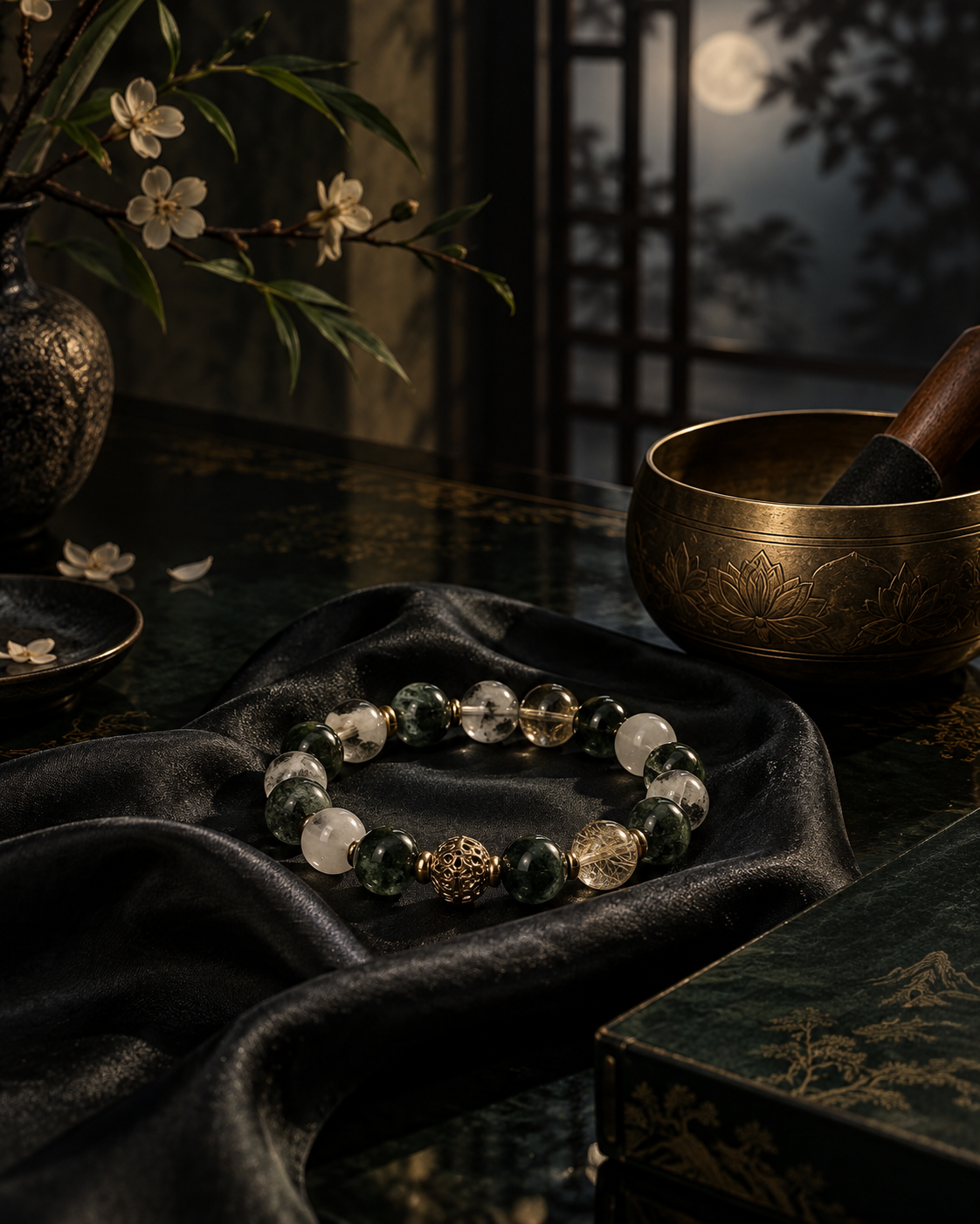 Crystal bracelet beside a singing bowl in soft moonlight