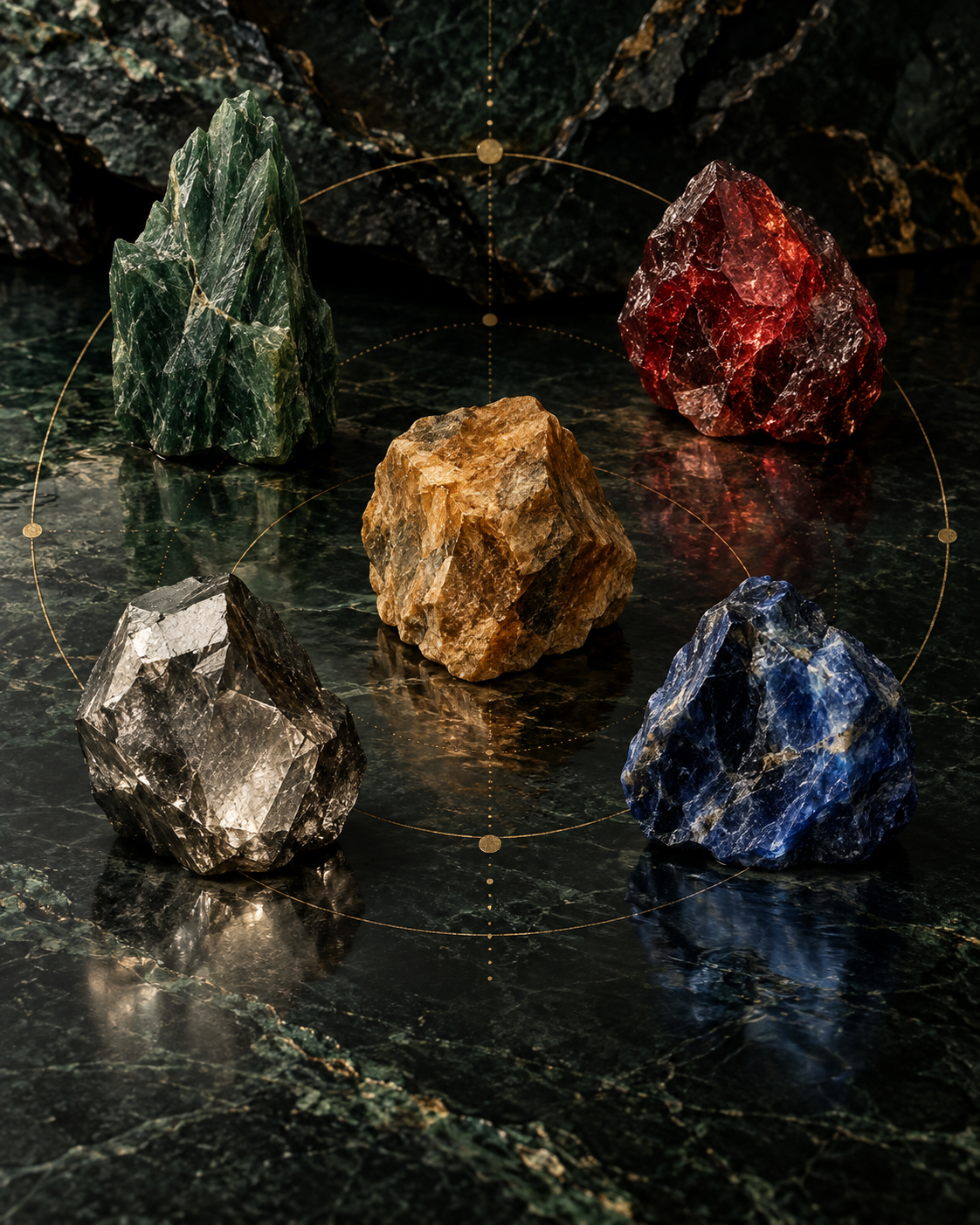 Five natural stones arranged in an elemental constellation