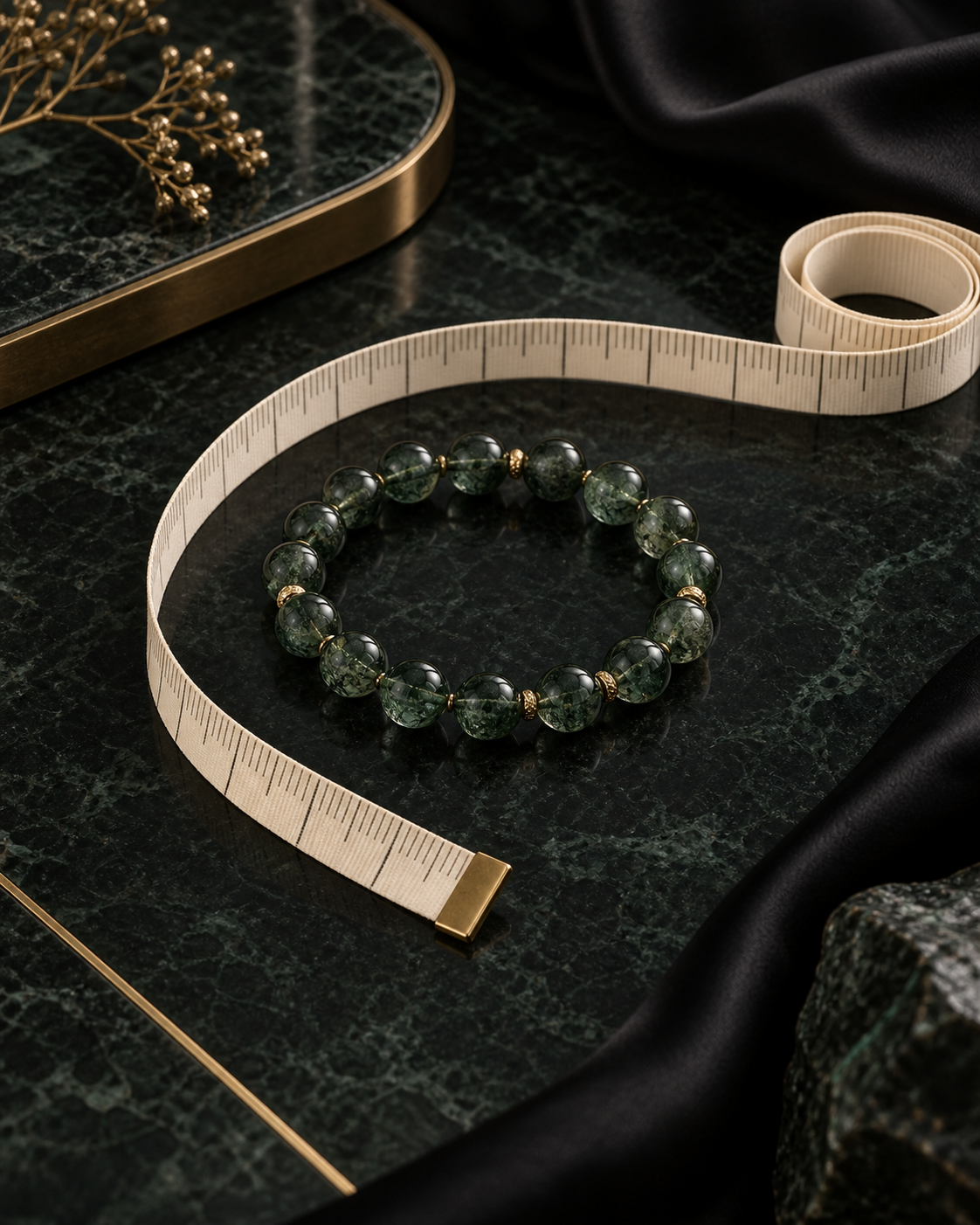 Crystal bracelet arranged with a fabric measuring tape