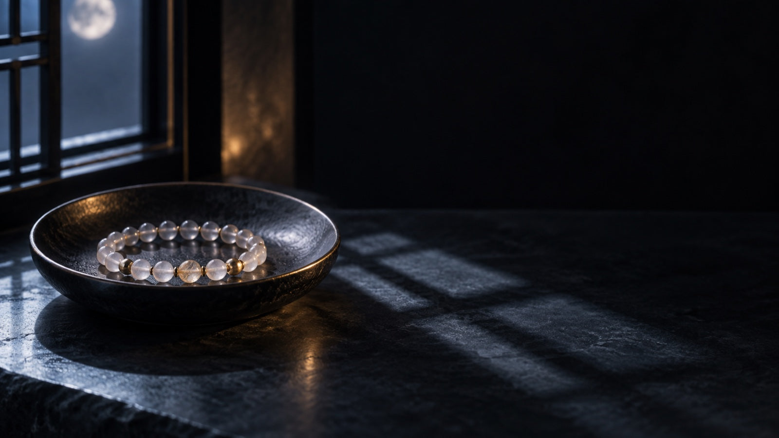 Crystal bracelet resting in a dark ceramic dish under indirect moonlight